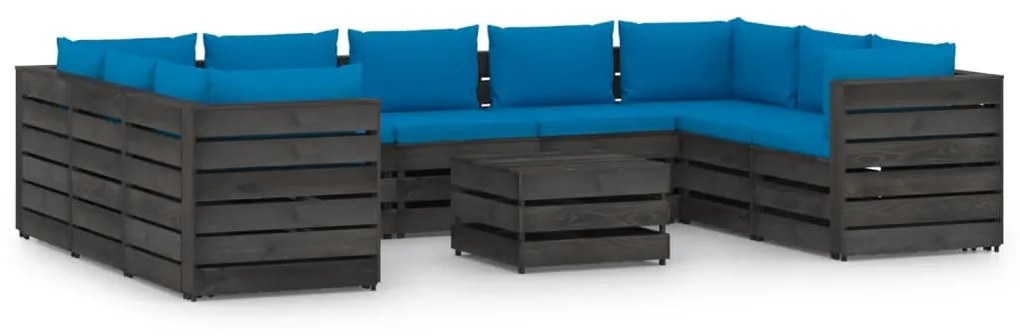 Set mobilier gradina cu perne, 10 piese, gri, lemn tratat Albastru deschis si gri, 10