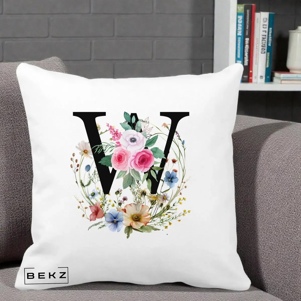 Cadou Personalizat - Perna Personalizata Monograma Florala Litera W, 40x40 cm, Alba Mata, Husa Detasabila, Perna Inclusa, BEKZ®