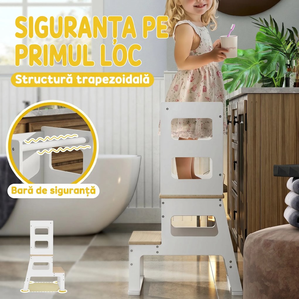 AIYAPLAY Turn de Învățare pentru Copii 3-6 Ani cu Tablă și Balustradă de Siguranță, 55x52,5x87,5 cm, Alb | Aosom Romania