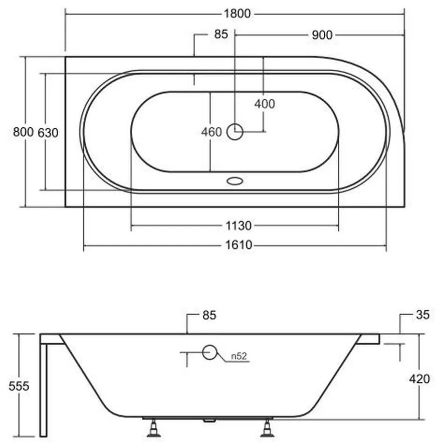 Cada baie asimetrica alba, acril, 180 x 80 cm, orientare dreapta, Besco Avita 1800x800 mm, Dreapta