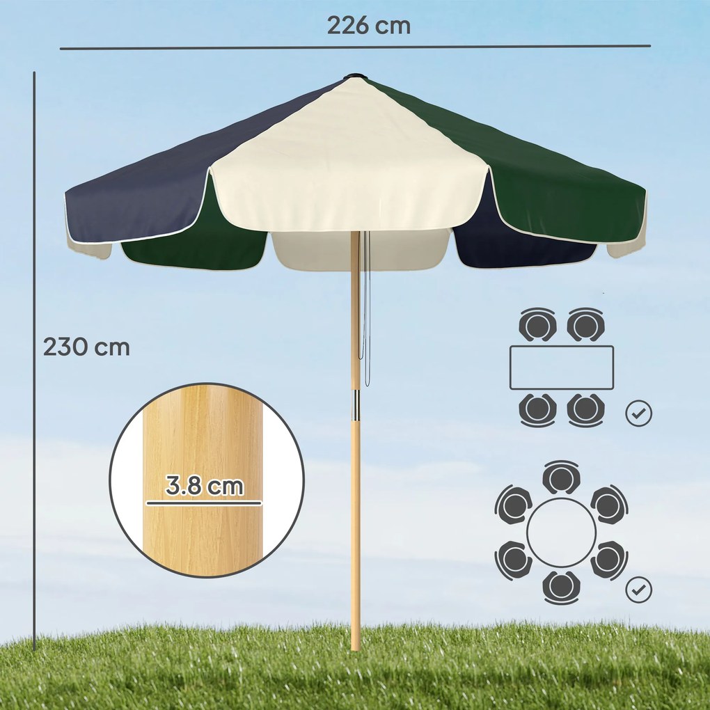 Outsunny Umbrelă de Grădină cu Frânghie Protecție Solară UPF30+ Stil Retro Efect Lemn cu Volane Înclinabilă Ø 226 cm Crem și Verde | Aosom Romania