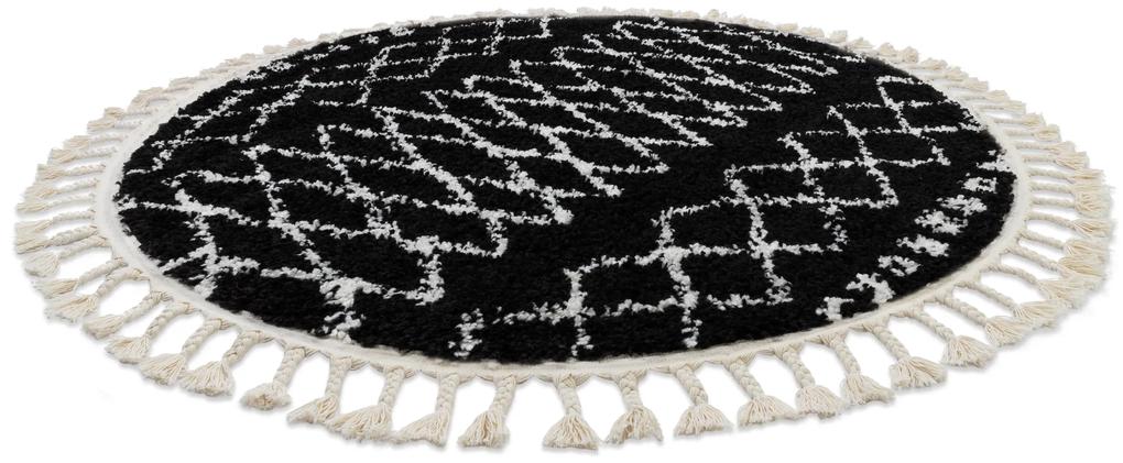 Covor Berber Ethnic G3802 cerc negru si alb Franjuri shaggy