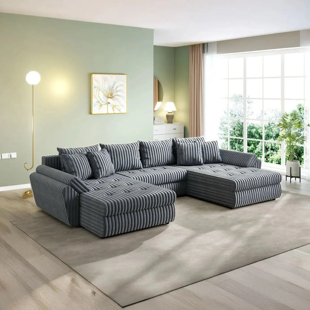 Colțar extensibil dumonde cu ladă de depozitare si sezut confortabil din spuma high-density, Loana U Ambience Grey 355x185 cm