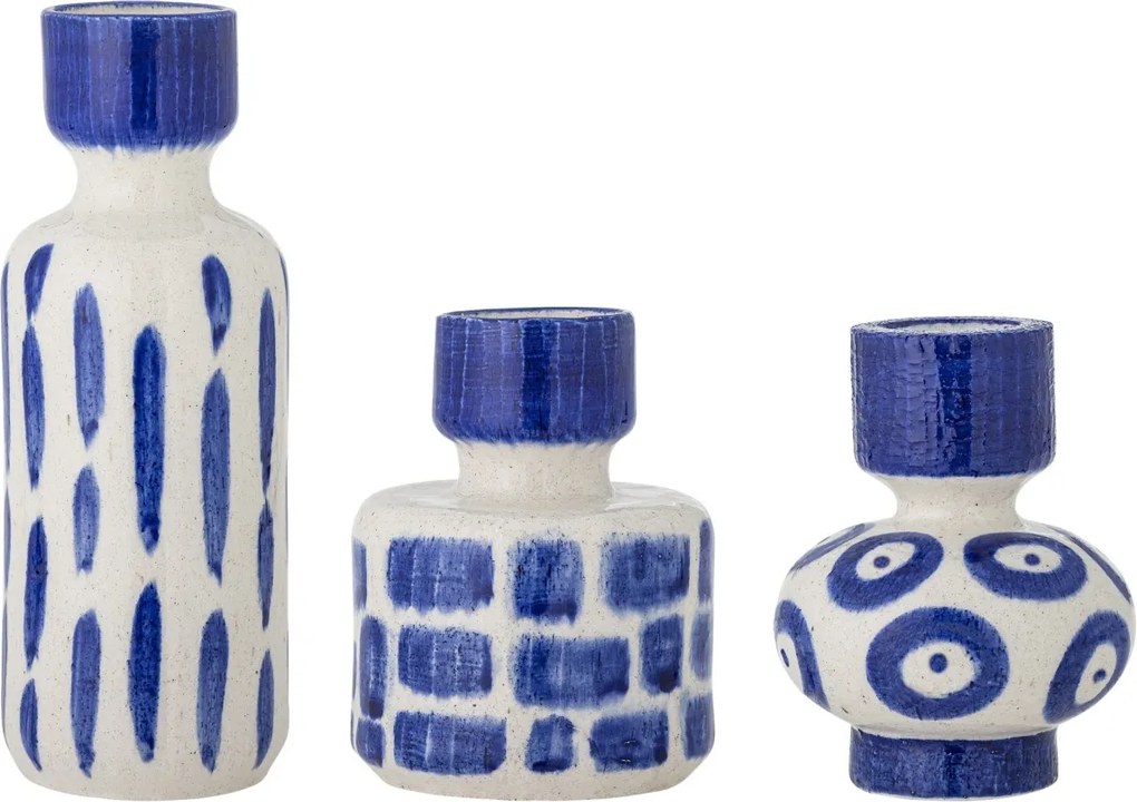 Set 3 vaze din ceramică, albastru, forme diferite, linii și inele pictate manual, 15,5 x 11,5 cm, 15,5 x 12 cm și 26 x 10 cm, „Romane”