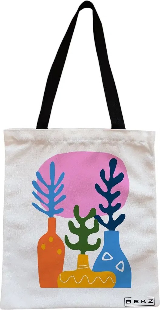 Sacosa de Panza pentru Cumparaturi, Geanta Tote, model Gradina Abstracta, Cu fermoar, 38x34.5 cm, Alba, BEKZ®