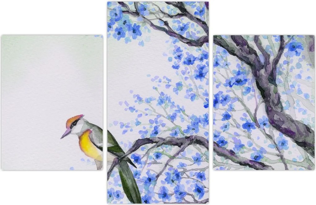 Tablou - Pasăre pe un copac cu flori albastre (90x60 cm)