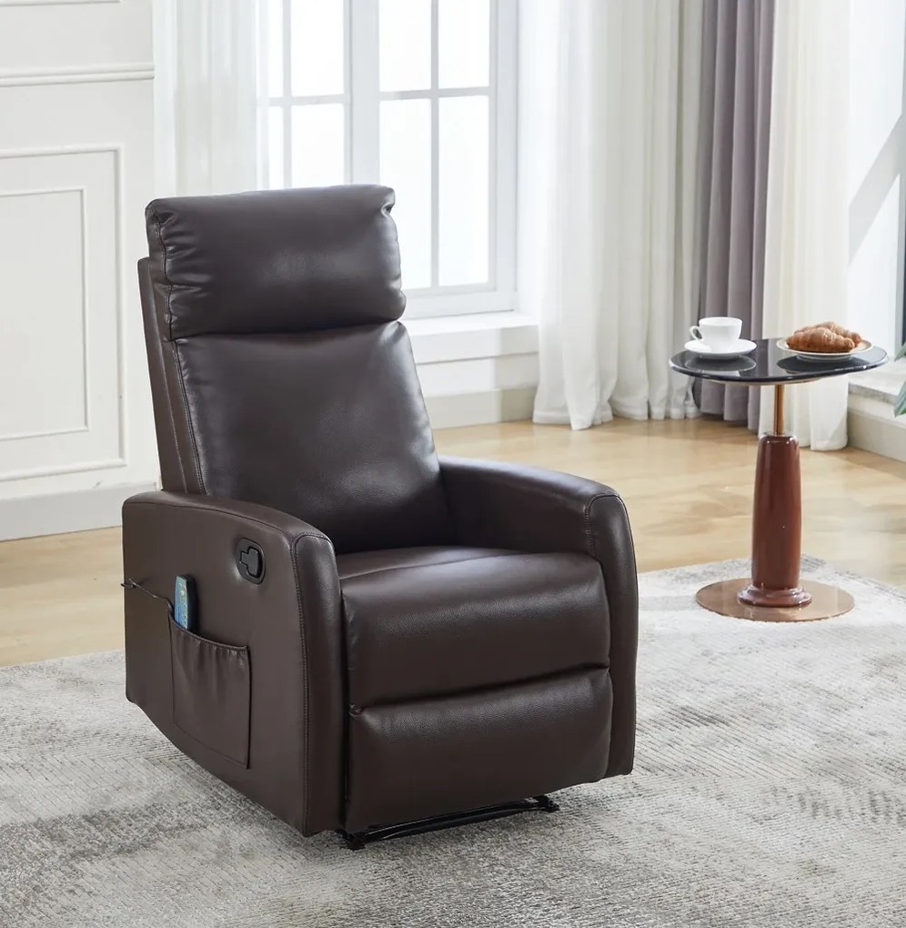 Fotoliu Masaj si Incalzire, Recliner, suport picioare extensibil, Piele ECO Premium, Maro Inchis