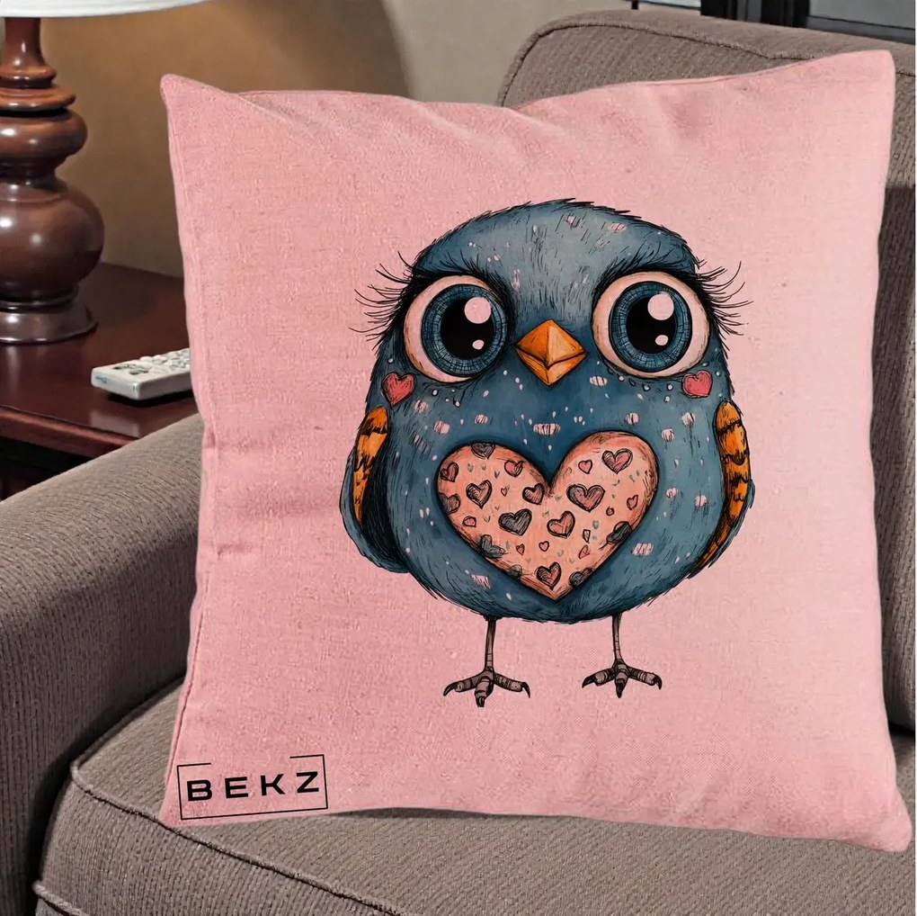 Perna Decorativa Bufnita Albastra cu Inimioare, 40x40 cm, Roz, Husa Detasabila, Perna Inclusa, BEKZ®