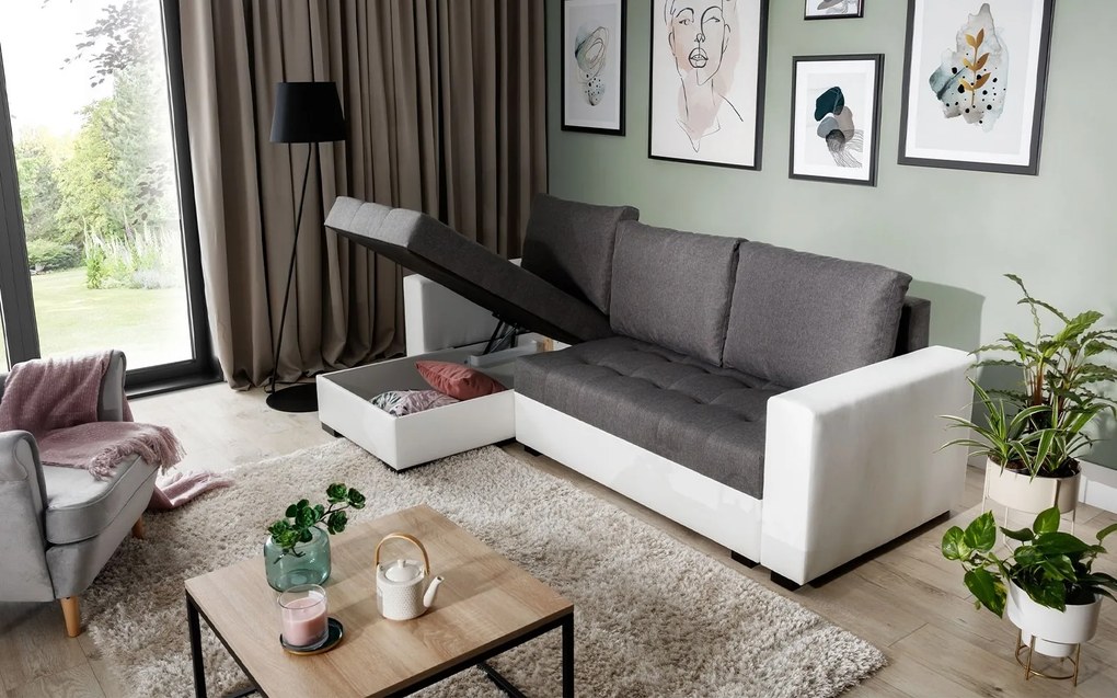 Colțar lemn masiv Extensibil Nelia 237x150cm Ladă Depozitare Personalizabil - Berlin 01 + Soft 11