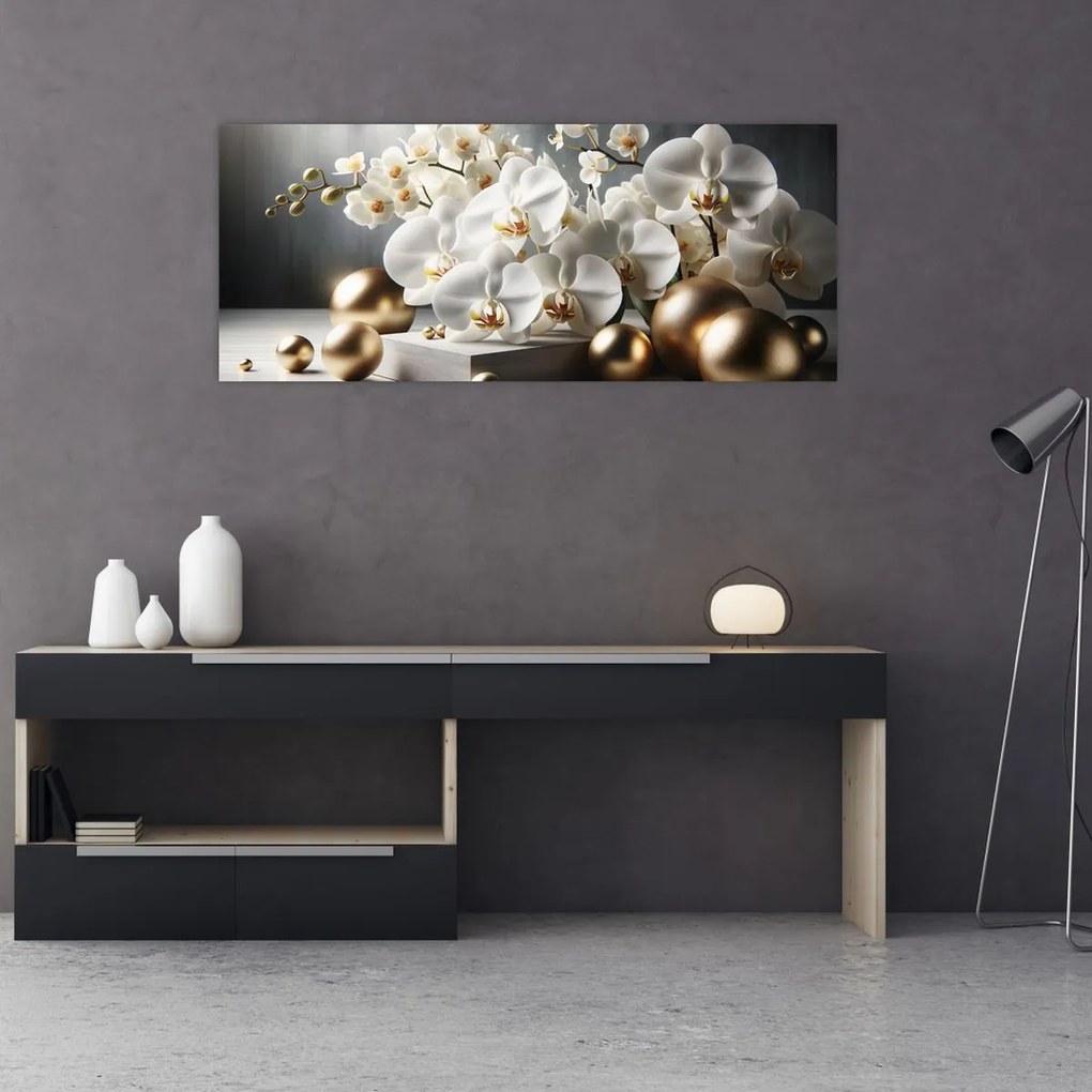 Tablou - Orhidee și bile aurii (120x50 cm)