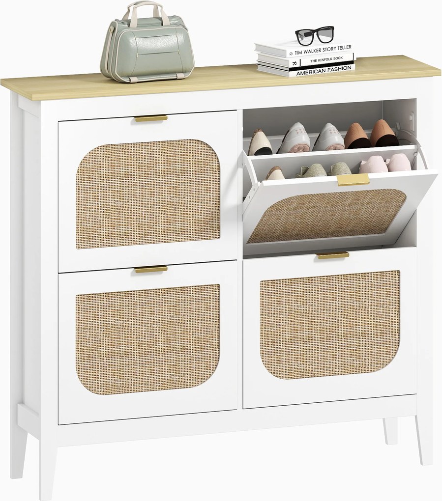 HOMCOM Zapatero Estrecho con 4 Puertas de Ratán Estantes Ajustables para 20 Pares de Zapatos 105x24x95,5 cm Alb | Aosom Romania