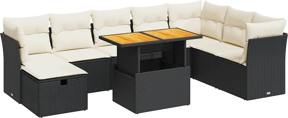 vidaXL Set mobilier grădină perne 9 piese negru poliratan/lemn acacia