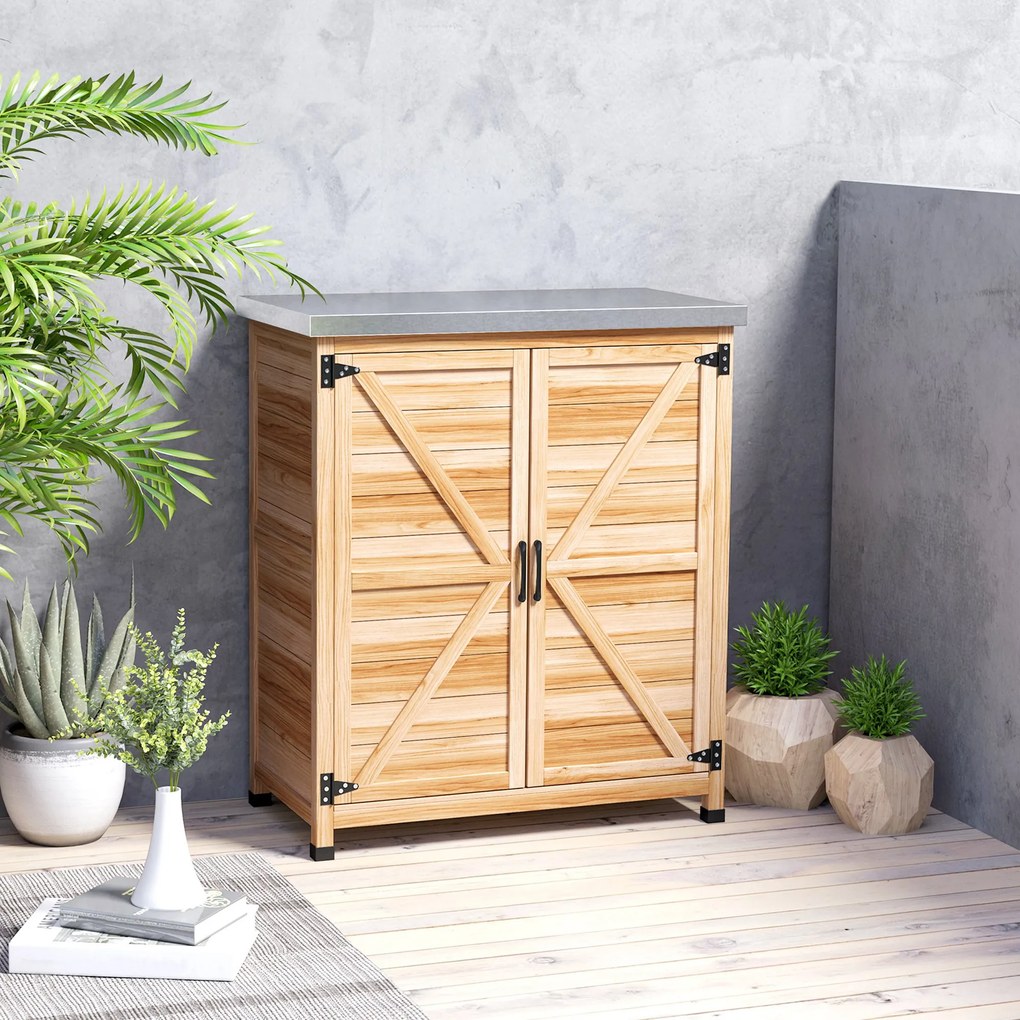 Outsunny Dulap de Exterior cu Raft și Bancă de Lucru Superioară, 79x43x92 cm, Lemn Natural | Aosom Romania