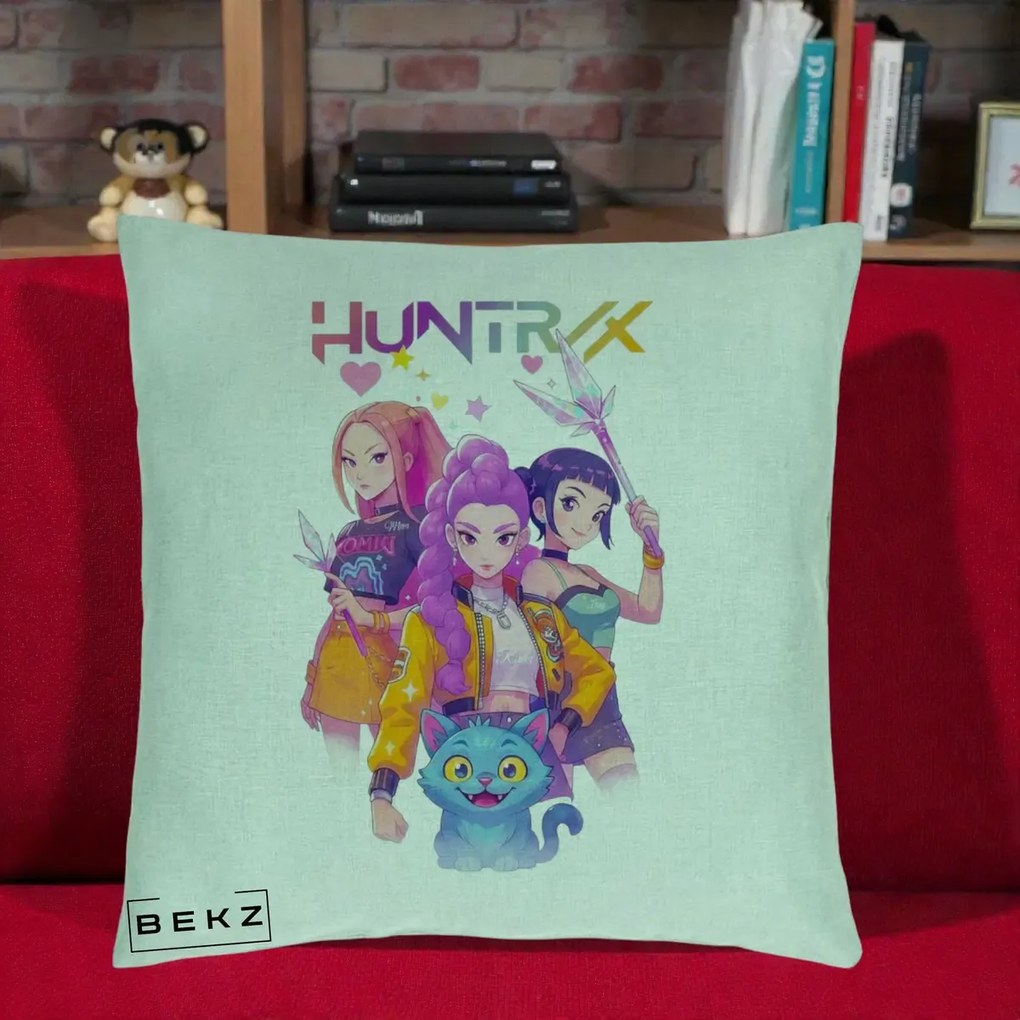 Perna Personalizata K-pop HUNTRX Trio Foto cu Pisica, 40x40 cm, Verde Menta, Husa Detasabila, Perna Inclusa, BEKZ®