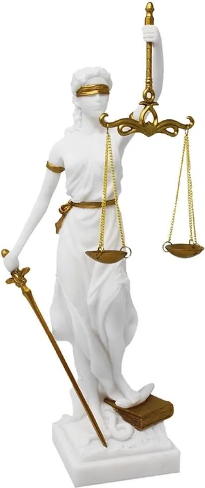 Statueta Justitia, zeita dreptatii, rasina alba cu accente aurii, 35 cm