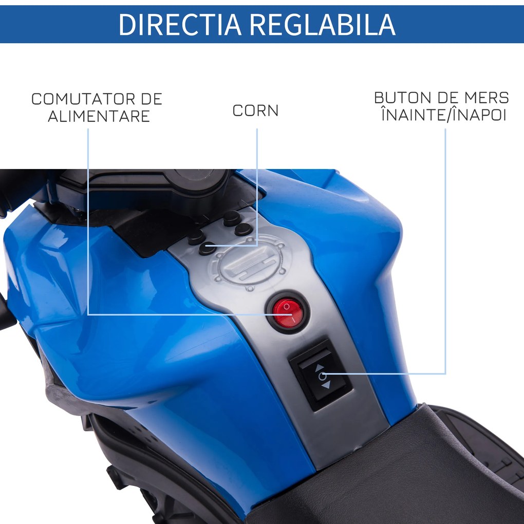 HOMCOM Motocicletă Electrică pentru Copii 18-48 Luni Faruri Claxon Viteză 3km/h Albastru | Aosom Romania