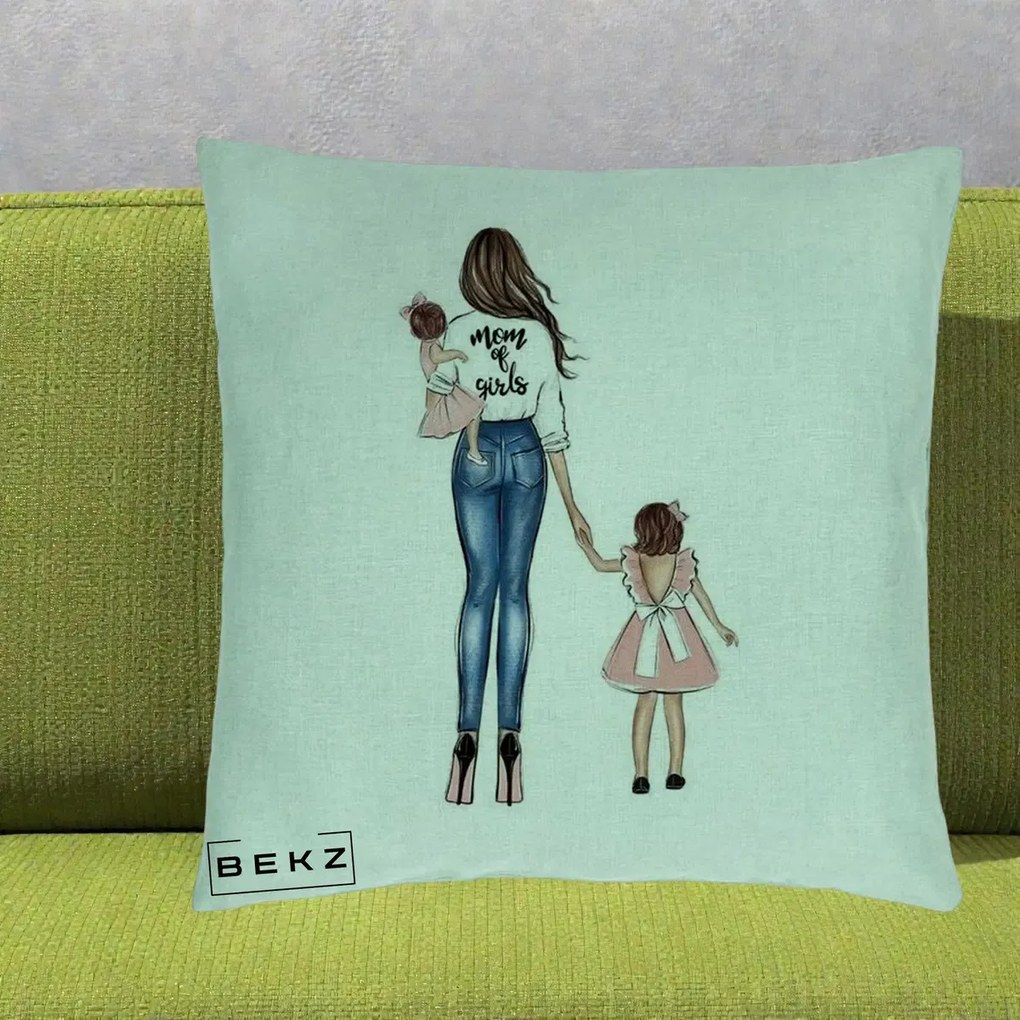 Cadou pentru Mama - Perna Personalizata Mom of Girls Mama cu Fetele, 40x40 cm, Verde Menta, Husa Detasabila, Perna Inclusa, BEKZ®