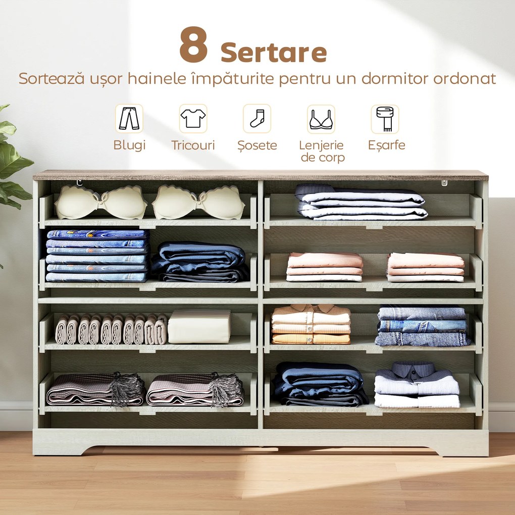 HOMCOM Comodă cu 8 Sertare pentru Dormitor, Modernă, cu Mânere, Spațioasă pentru Sufragerie, Cameră și Hol, 140x40x86 cm, Nuc și Gri Deschis | Aosom Romania