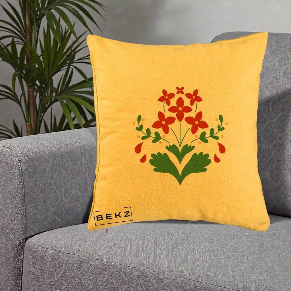 Perna Decorativa Buchet Floral Folk Rosu-Verde, 40x40 cm, Galben, Husa Detasabila, Perna Inclusa, BEKZ®