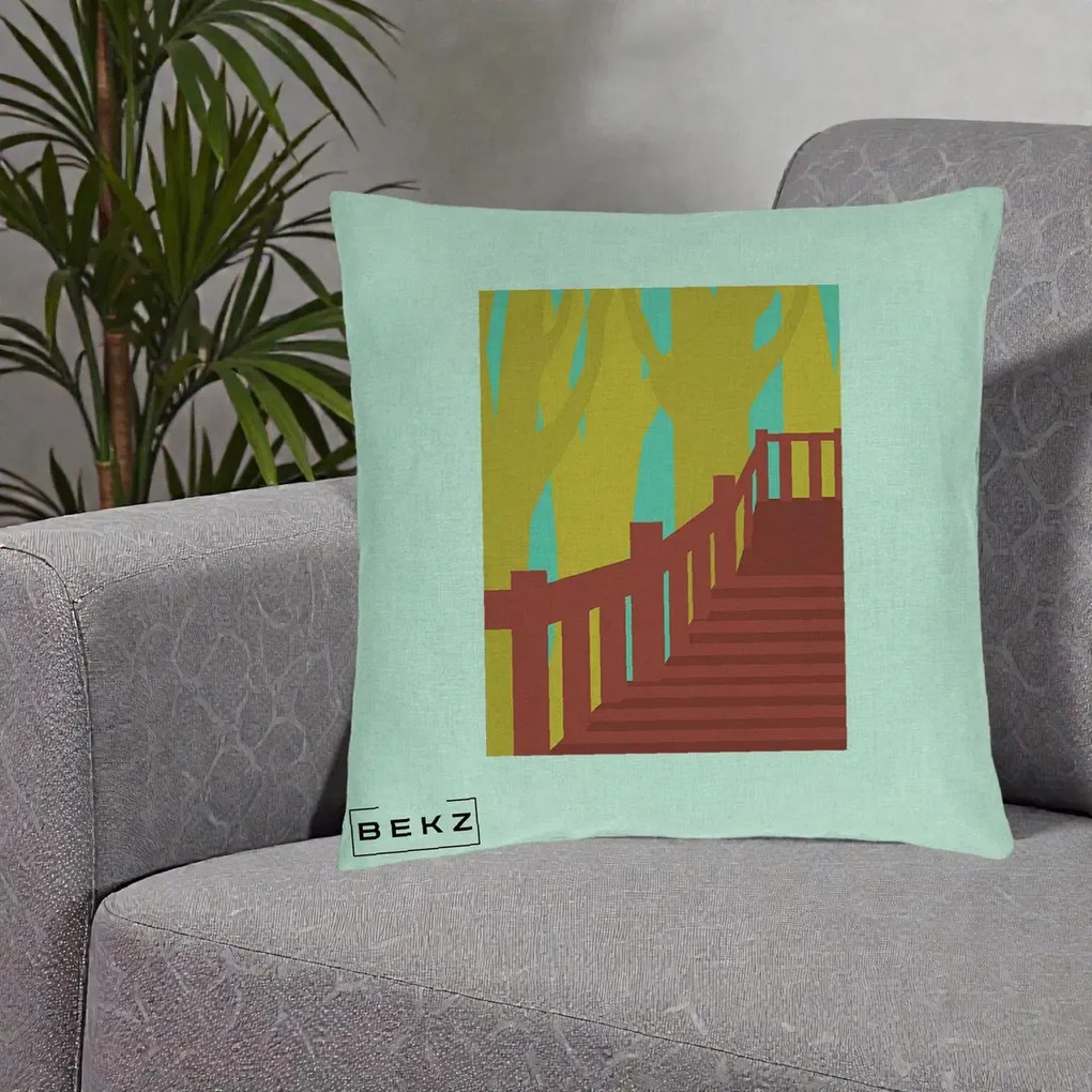 Perna Decorativa Scari Toamna Peisaj Grafic, 40x40 cm, Verde Menta, Husa Detasabila, Perna Inclusa, BEKZ®