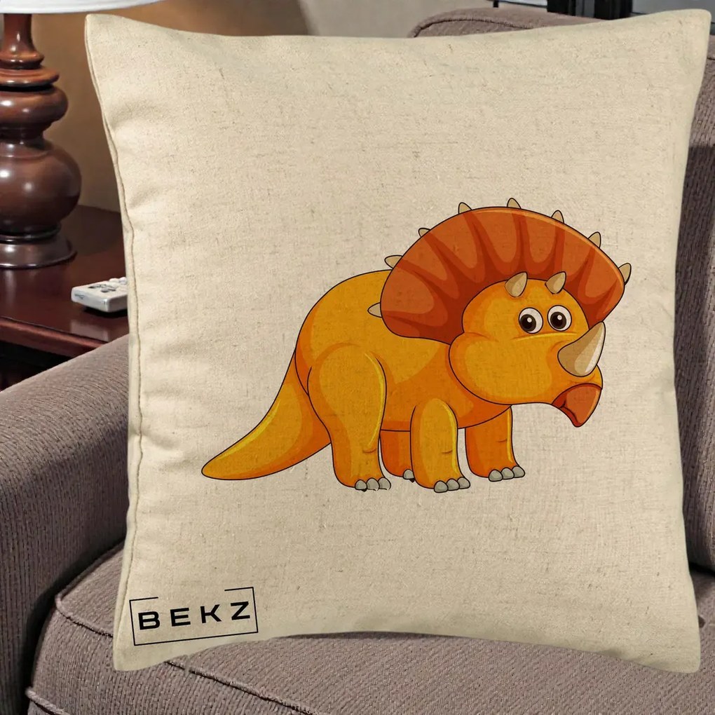 Perna Decorativa Triceratops Portocaliu, 40x40 cm, Bej, Husa Detasabila, Perna Inclusa, BEKZ®