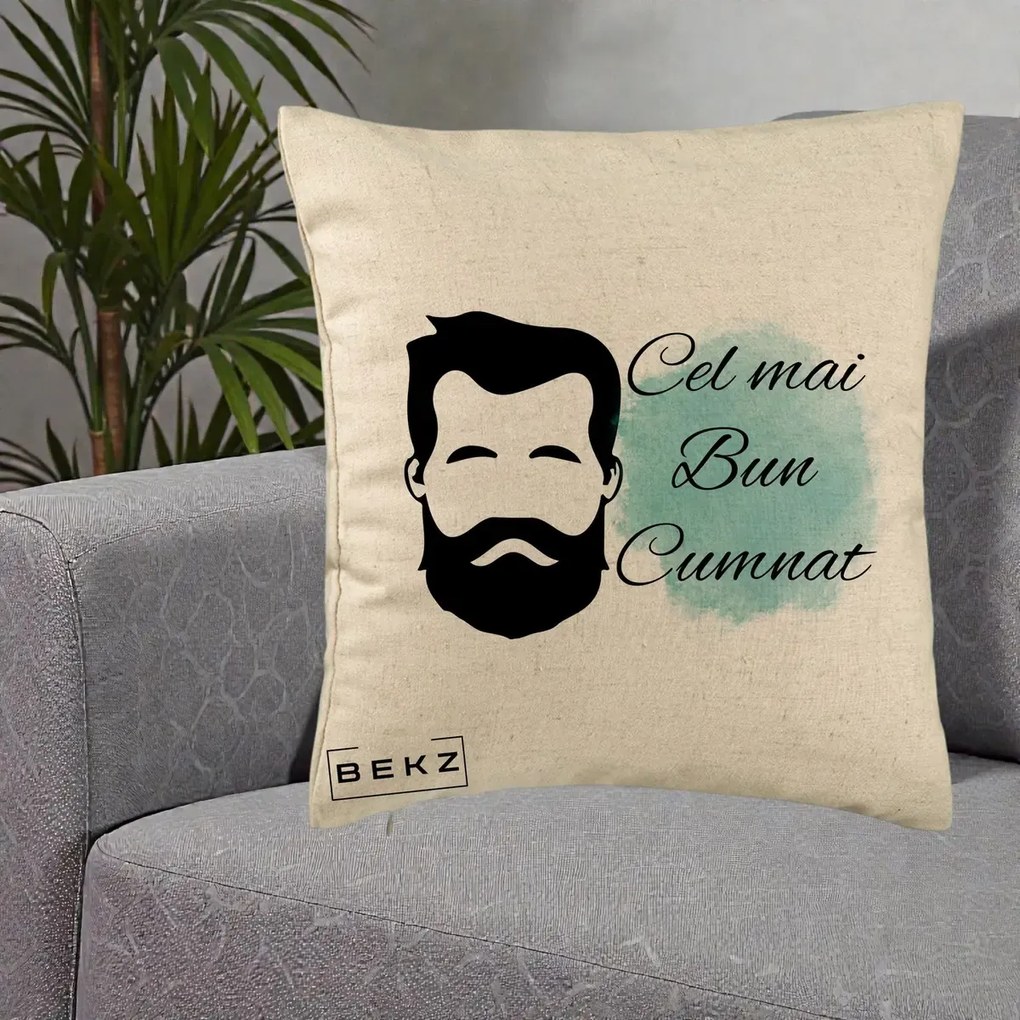 Cadou pentru Cumnat - Perna Personalizata Cel mai Bun Cumnat cu Portret Barbat si Pete Teal, 40x40 cm, Bej, Husa Detasabila, Perna Inclusa, BEKZ®