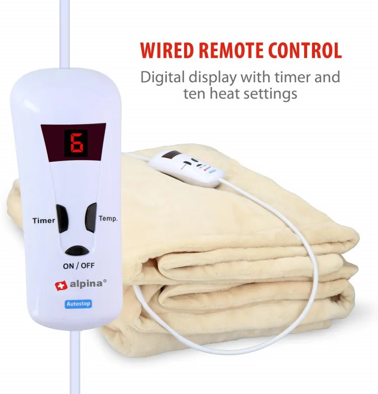 Patura electrica Alpina, 180W, 180x130 cm, Timer, 10 setari de caldura, Telecomanda, Bej