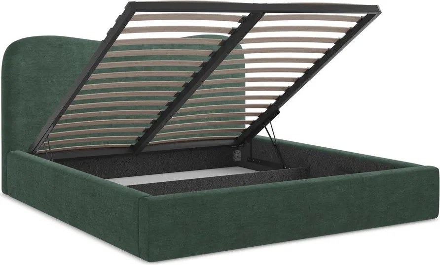 Pat matrimonial verde tapițat cu spațiu de depozitare cu somieră 140x200 cm Kahai – Makamii