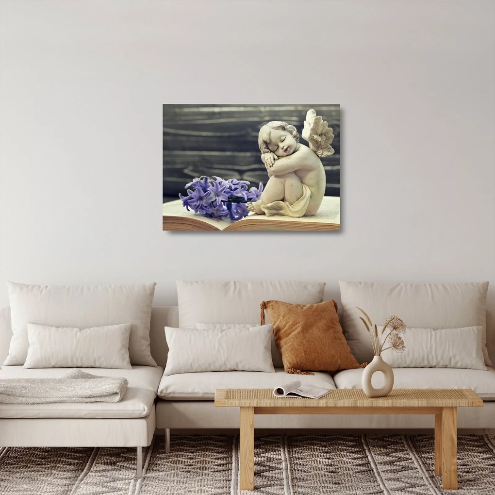 Tablou pe sticlă - Înger cu floare (70x50 cm)