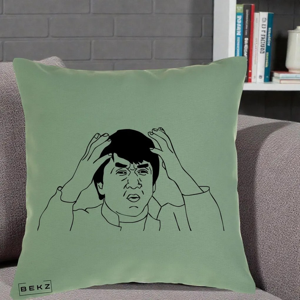 Perna Decorativa Jackie Chan WTF, 40x40 cm, Verde, Husa Detasabila, Perna Inclusa, BEKZ®