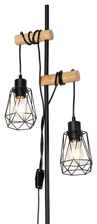 Lampă de podea rustică neagră cu lemn 2 lumini cu abajur - Dami Frame