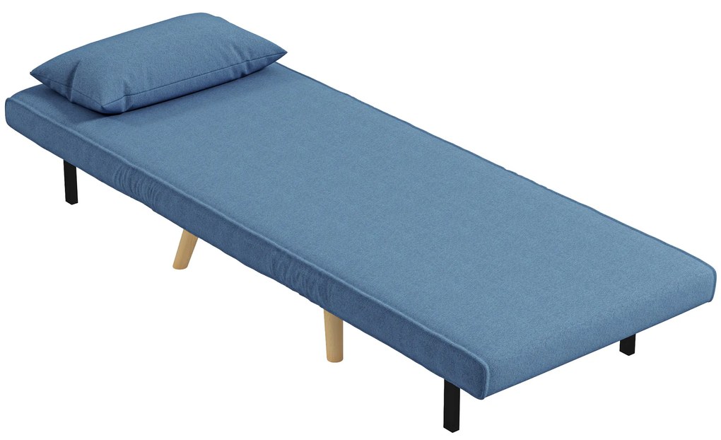 HOMCOM Fotoliu chauffeuse convertibil 3-în-1 pat/fotoliu 1 loc spătar 5 poziții din material textil cu pernă, albastru | Aosom Romania