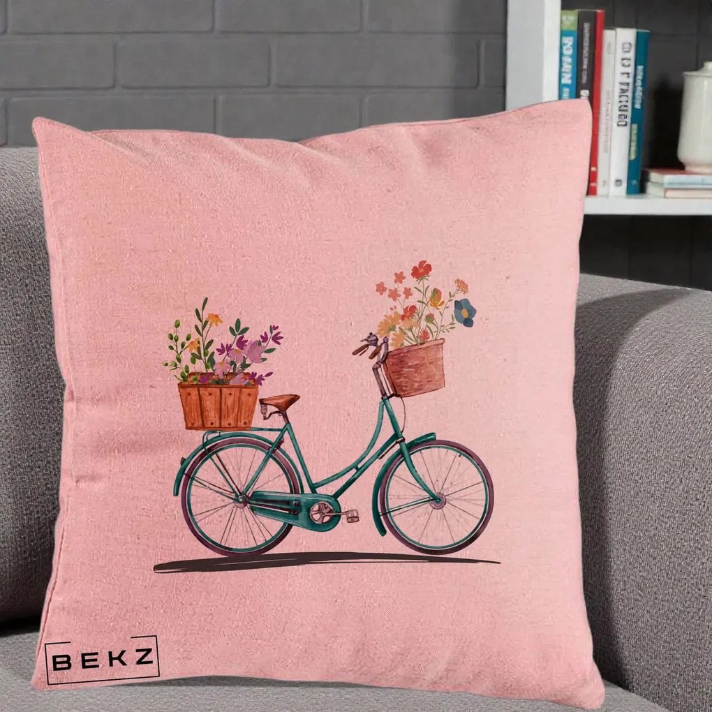 Perna Decorativa Bicicleta Florala Turcoaz Acuarela, 40x40 cm, Roz, Husa Detasabila, Perna Inclusa, BEKZ®