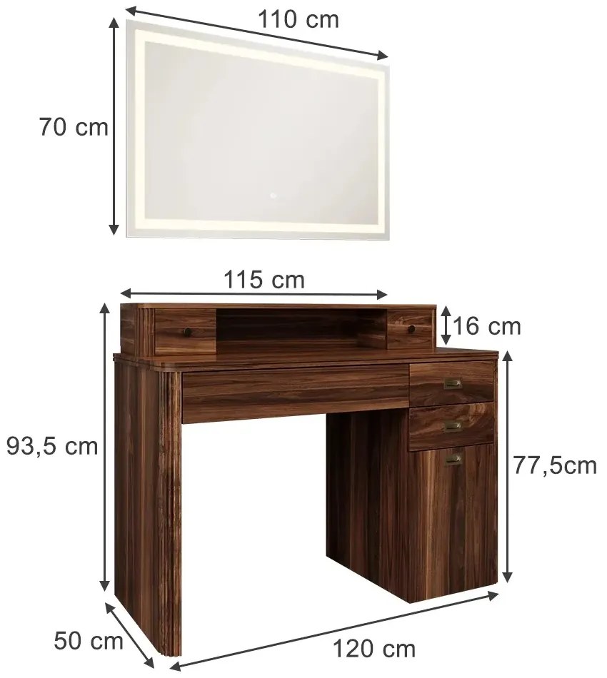 SEM246 - Set Masa toaleta, 115 cm, cosmetica machiaj, oglinda LED, masuta vanity cu sau fara scaun (la alegere) - Maro
