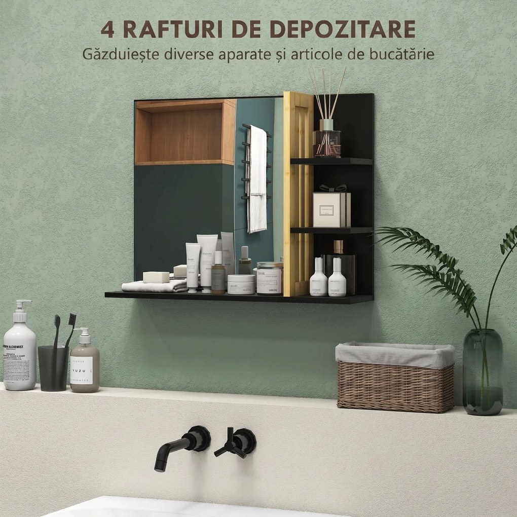 HOMCOM Oglindă de Baie cu Poliță, Oglindă Montată pe Perete, Oglindă cu 4 Rafturi de Depozitare pentru Machiaj, 45x15x58.5 cm, Negru | Aosom Romania