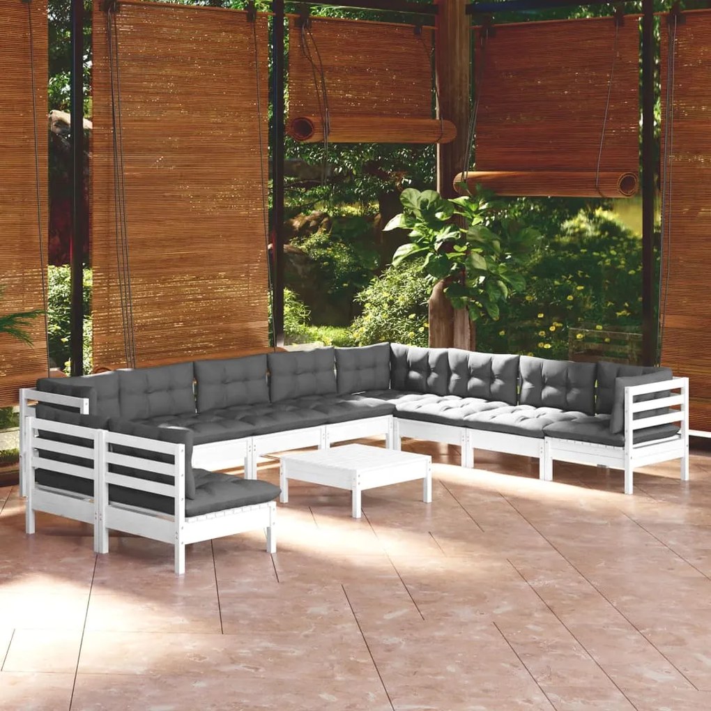 3096846 vidaXL Set mobilier grădină cu perne, 11 piese, alb, lemn masiv pin