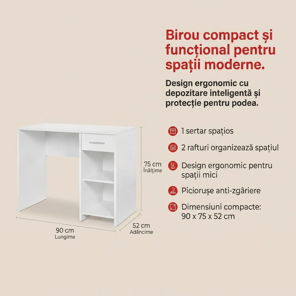 Birou Modern Adore Concept cu Sertar și 2 Rafturi, Alb - Maro - Stejar - Antracit, 90x52x75 cm