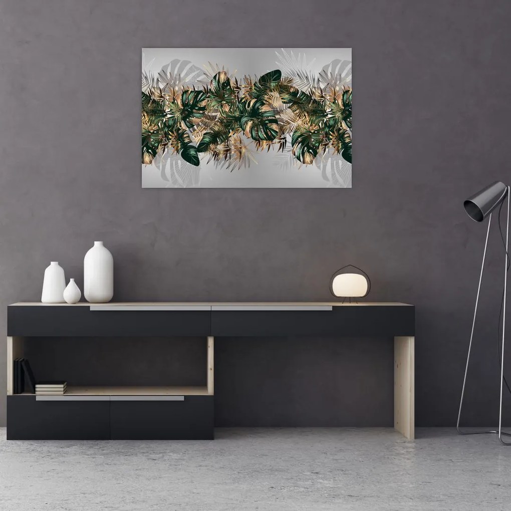 Tablou - Frunze tropicale, Galben - auriu (90x60 cm)