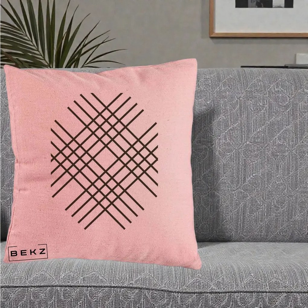 Perna Decorativa Geometric Grid, 40x40 cm, Roz, Husa Detasabila, Perna Inclusa, BEKZ®