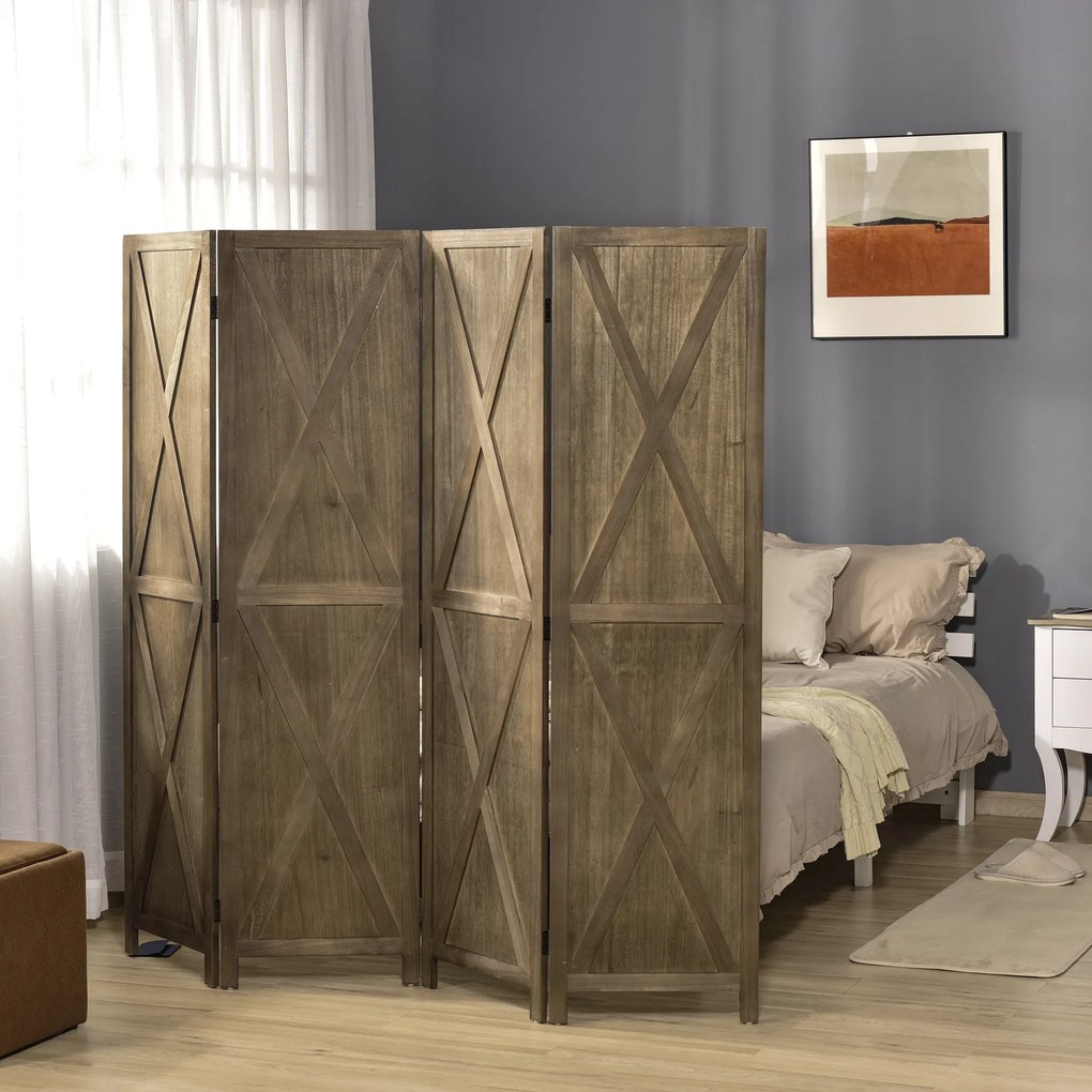 HOMCOM Paravan interior 4 Panouri 182L x 170H cm Stil rural elegant - separatoare de cameră cu cruciulite - Lemn de Paulownia Maro Gri | Aosom Romania