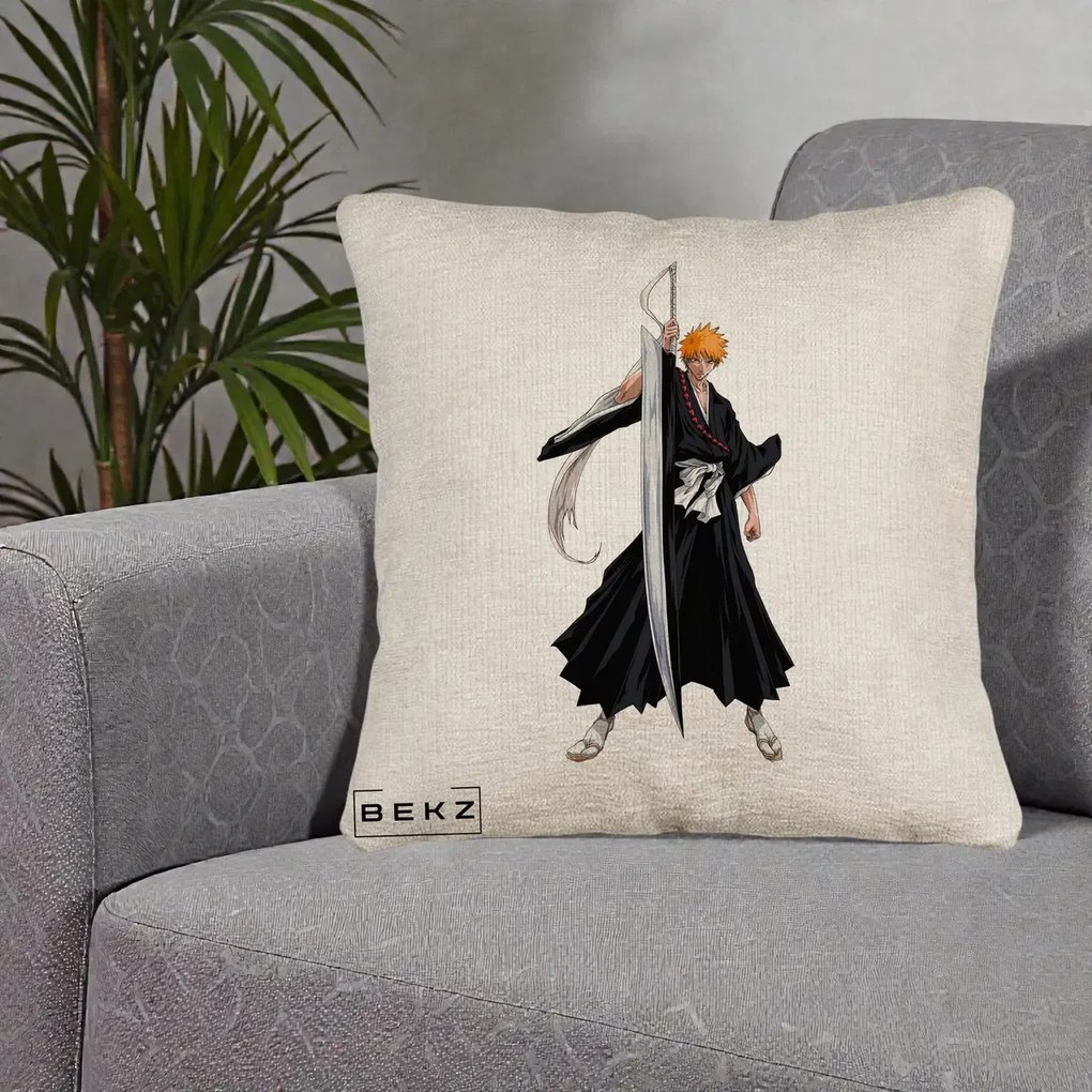 Perna Personalizata Bleach Ichigo Kurosaki Zangetsu, 40x40 cm, Bej Canapea, Husa Detasabila, Perna Inclusa, BEKZ®