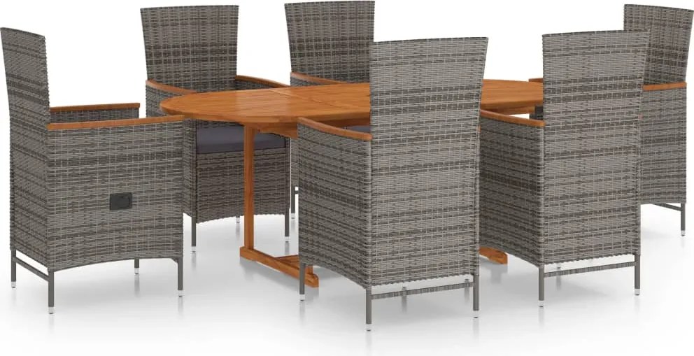 vidaXL Set de masă pentru grădină, 7 piese, gri, poliratan