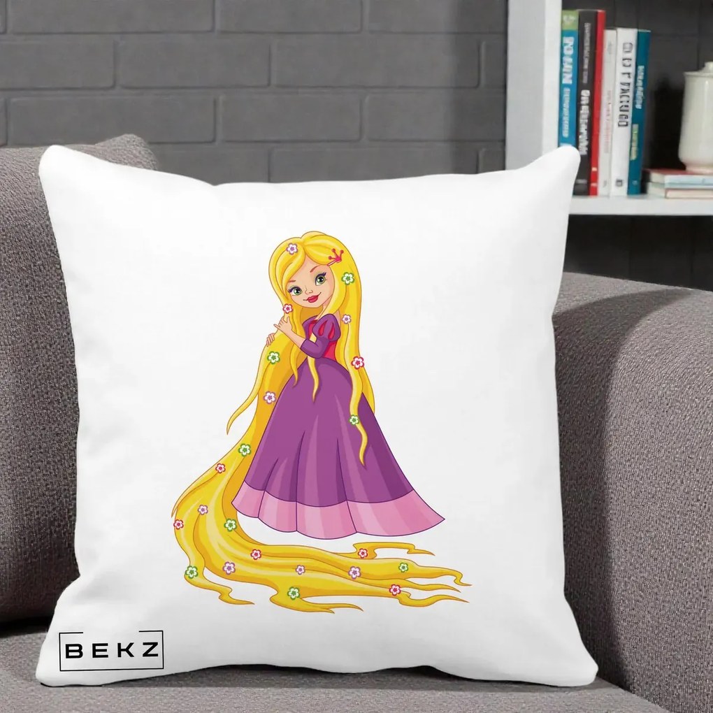 Perna Personalizata Rapunzel Par Lung Floral, 40x40 cm, Alba Mata, Husa Detasabila, Perna Inclusa, BEKZ®