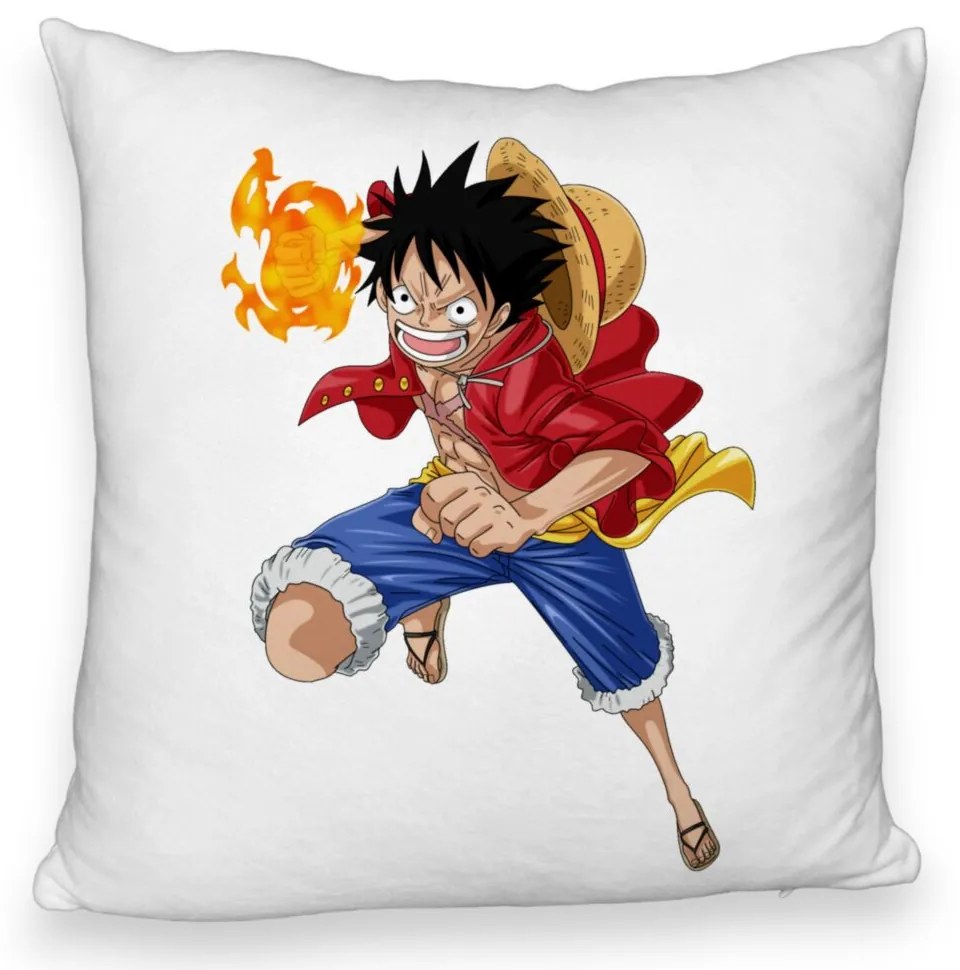 Perna Decorativa Fluffy cu One Piece Luffy, 40x40 cm, Alba, Husa Detasabila, Burduf