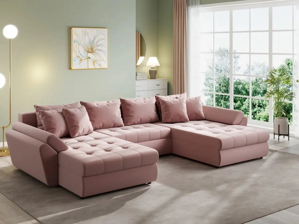 Colțar extensibil dumonde cu ladă de depozitare si sezut confortabil din spuma high-density, Loana U Royal Pink 355x185 cm