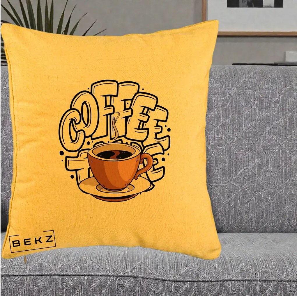 Perna Personalizata COFFEE cu Cana, 40x40 cm, Galben, Husa Detasabila, Perna Inclusa, BEKZ®