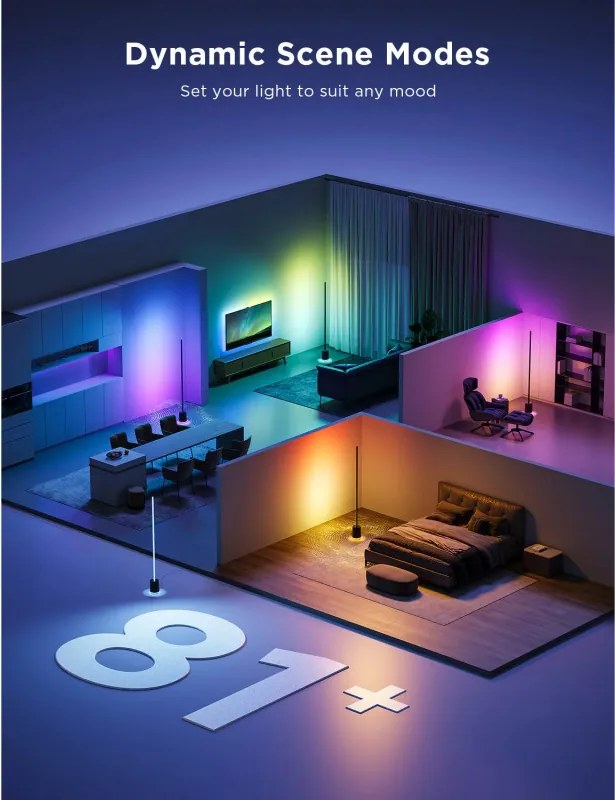 Smart LED lampa pentru podea Govee Pro RGBICWW H6079, 170 cm, 48 W, 2100 lm, 6500 K, Wi-Fi, Bluetooth, Govee Home, Negru