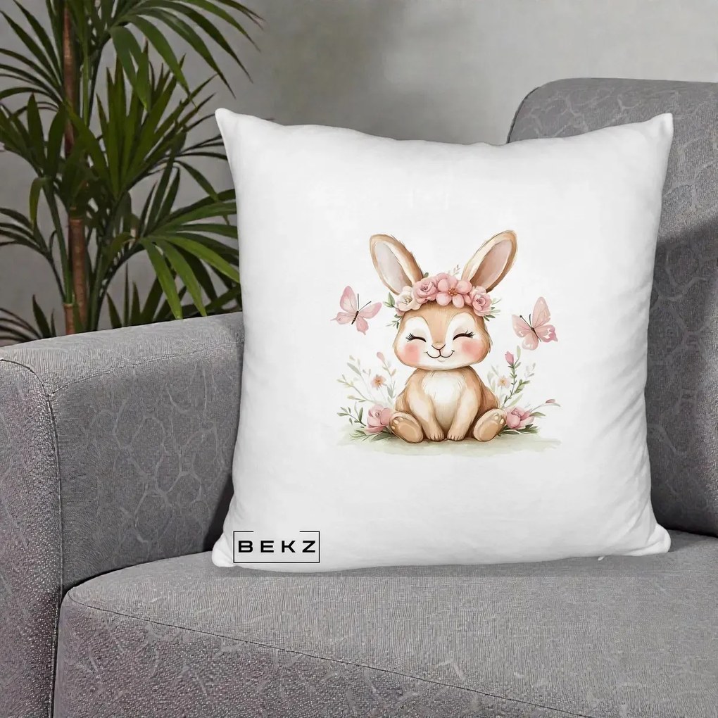 Perna Decorativa Iepuras cu Coronita Florala Roz, 40x40 cm, Alb Pufos, Husa Detasabila, Perna Inclusa, BEKZ®
