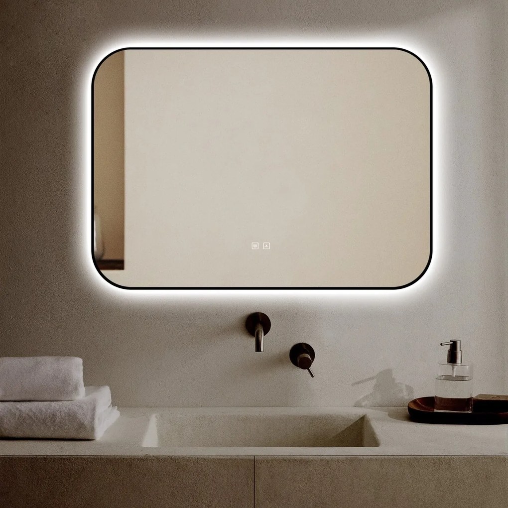 🪞 Oglindă LED cu Touch și Funcție Dezaburire – Ramă Negru, 100x70 cm, Model J187-10070 Smack