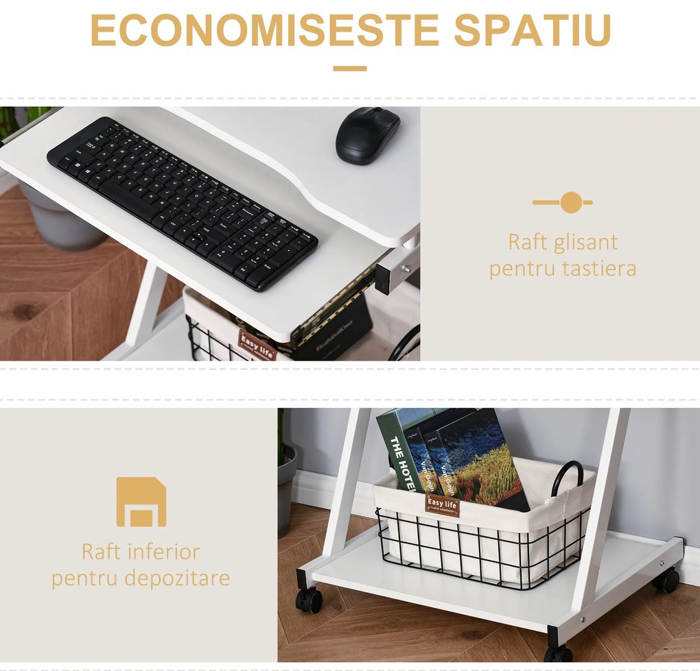 Masa cu roti HOMCOM, suport PC/laptop, 60x48x73cm alb | Aosom Romania